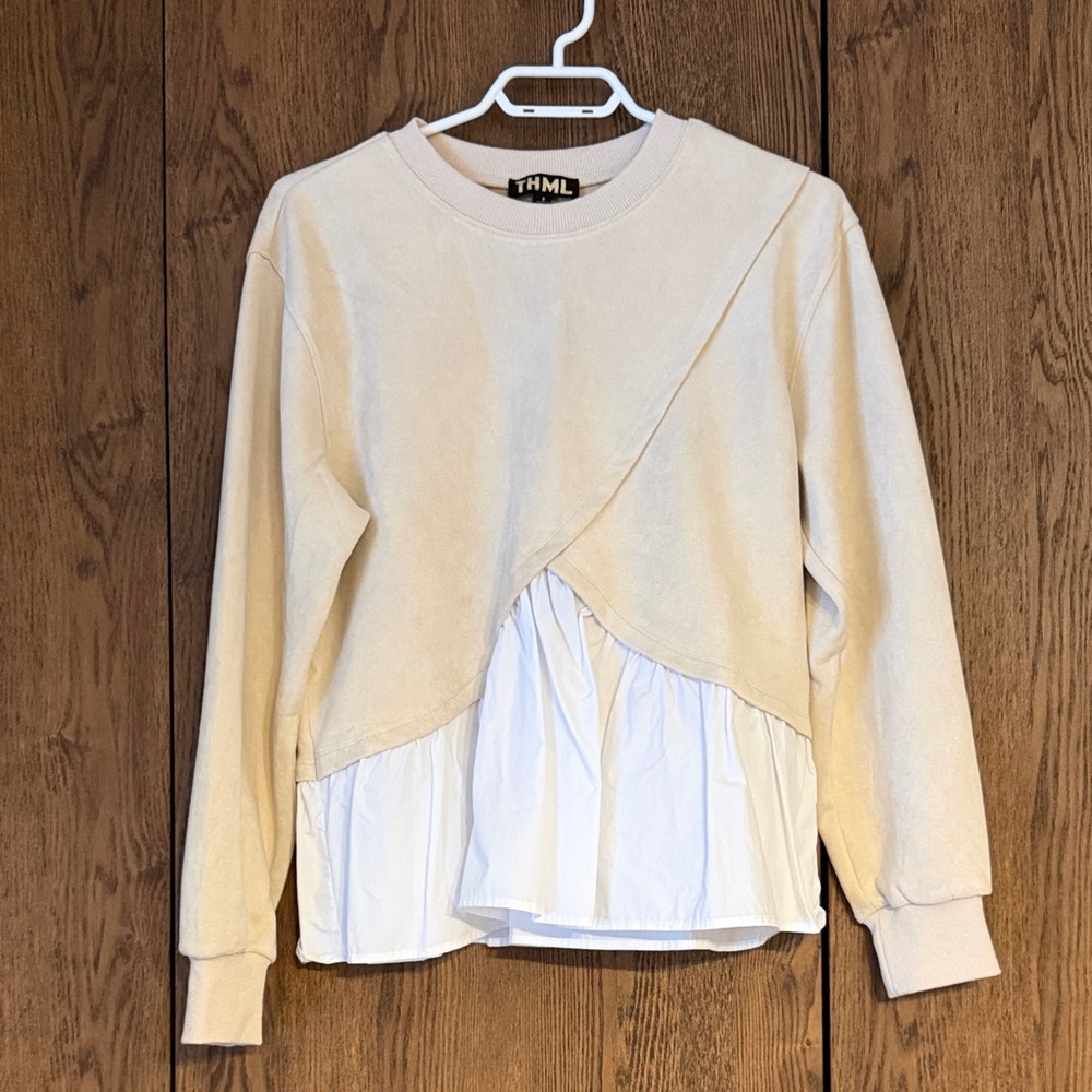 THML Cream and White Layered Look Suede Top